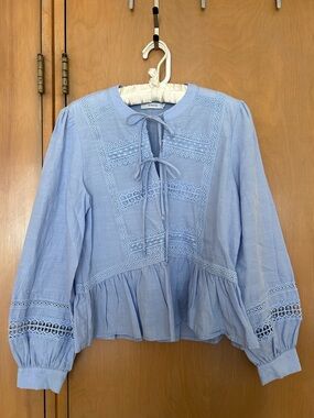Reserved Light Blue Lace-Trim Peasant Blouse